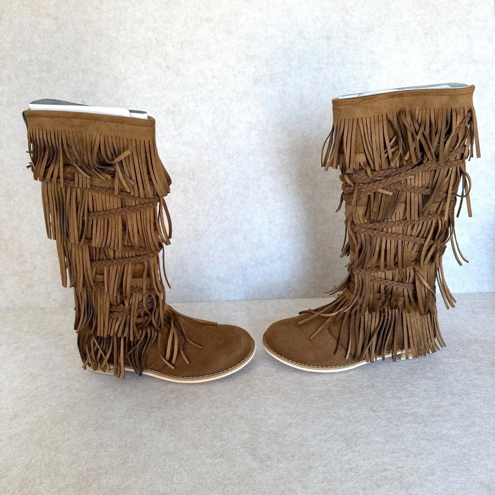 Joyfolie Kids Riley Boot Tan Girls size 1Y Vegan Suede Fringe Braided Boho Boots